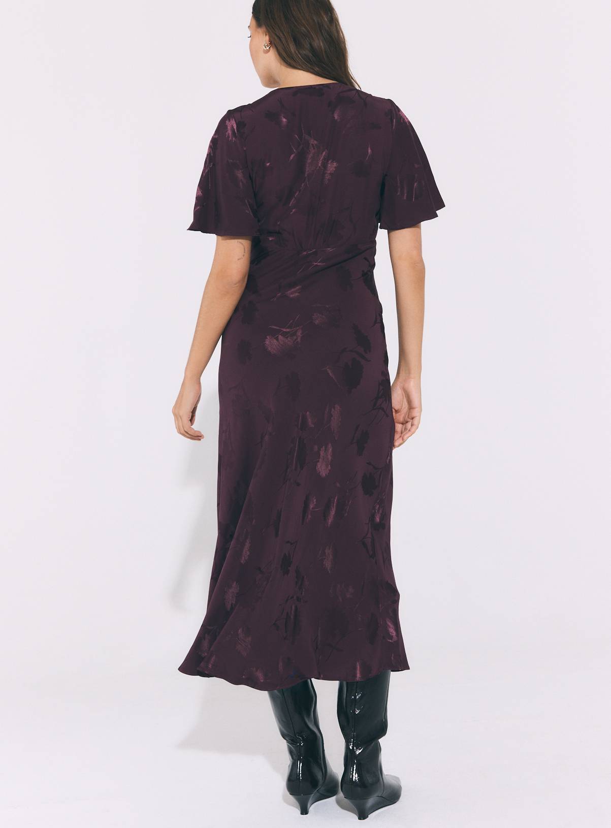 Burgundy Fluted Sleeve Jacquard Tea Dress 16 - Image 4